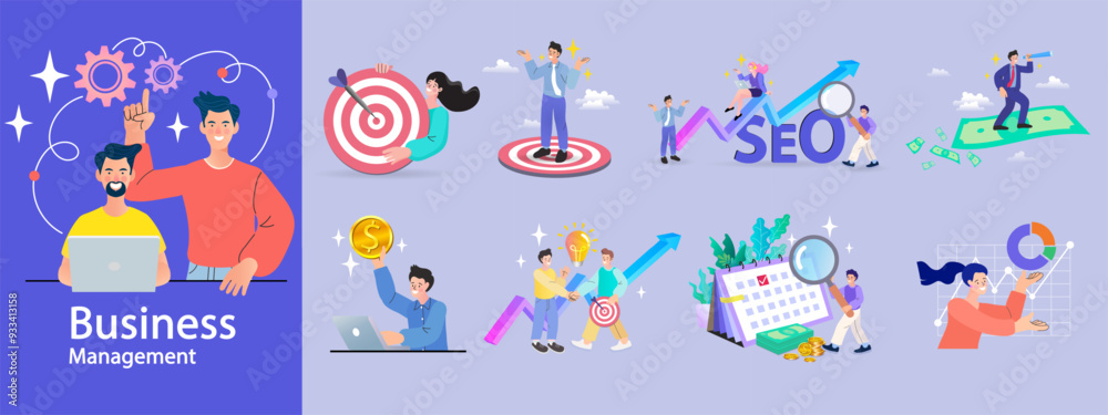 Financing business activities. Set of people in various activities of online business, startup, management, project development, communication, social media, data analysis. Business concept. vector