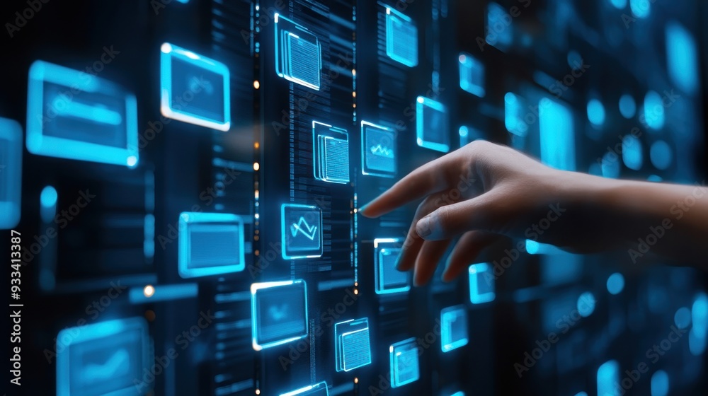 A hand interacts with a futuristic touchscreen interface displaying glowing blue folders, suggesting advanced technology or a data center management concept. A hand interacts with a futuristic touchscreen interface displaying glowing blue folders, suggesting advanced technology or a data center management concept.