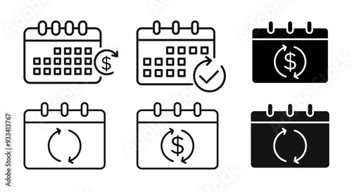 subscription vector icon set. automatic monthly or annual subscription fee sign. auto subscribe fee payment symbol. business appointment reschedule sign in black color.