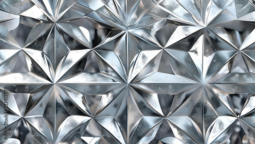 This digital illustration features a seamless pattern of interlocking silver stars and angular shapes it offers a metallic, textured appearance ideal for backgrounds or graphic designs