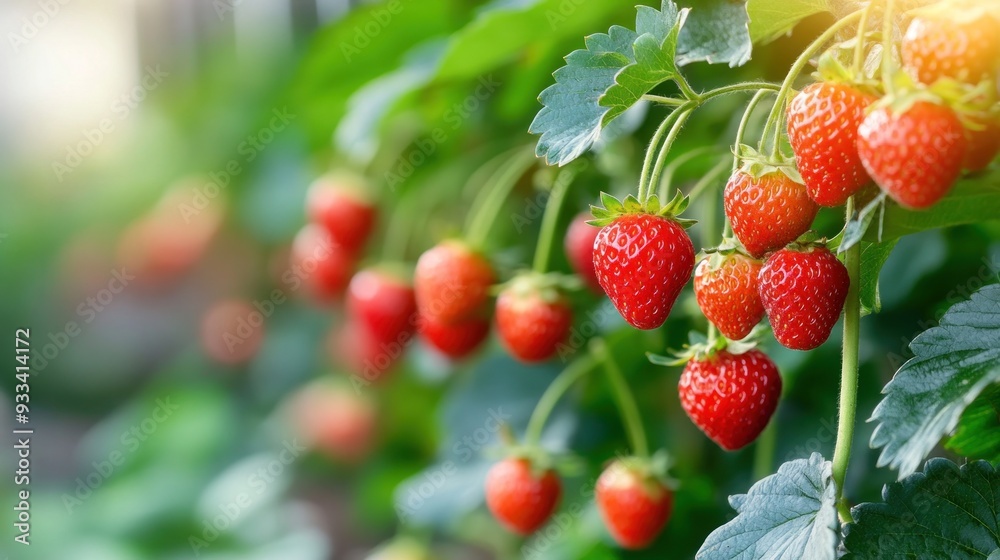 Ripe Strawberries on a Lush Green Vine Ripe Strawberries on a Lush Green Vine