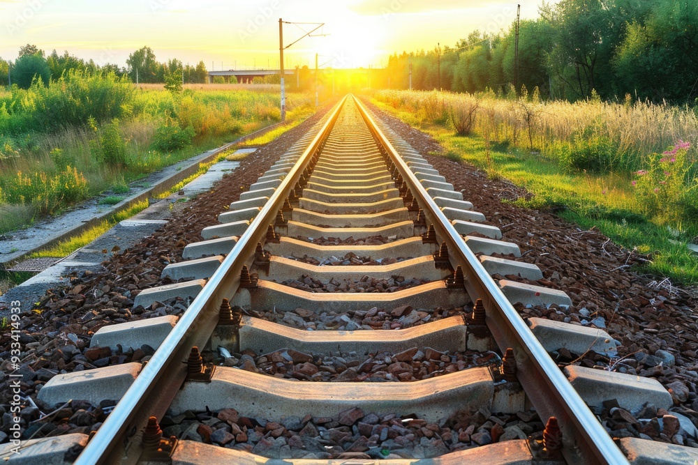 A train track with a beautiful sunset in the background A train track with a beautiful sunset in the background