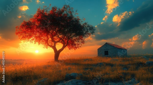 Sunset landscape with a tree and a small stone house.