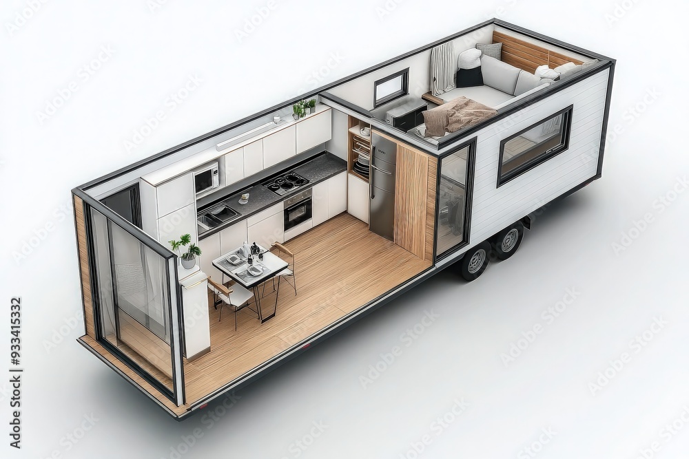 Modern mobile tiny house with kitchen and bed