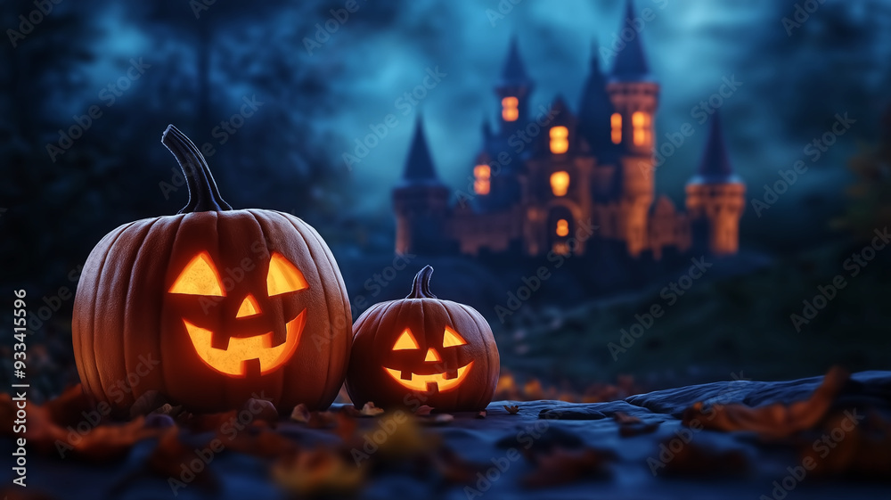 Fototapeta premium Jack O Lantern and castle in the background, night scene, Halloween concept