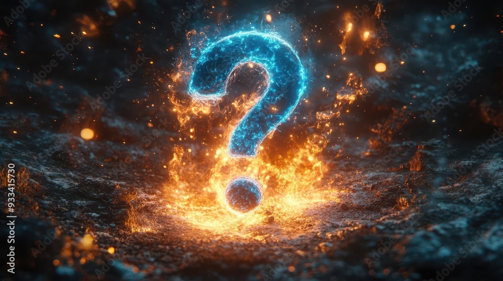 glowing neon blue question mark floating in white void surrounded by ...
