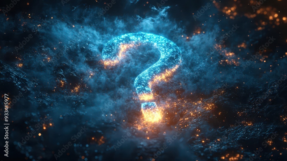 glowing neon blue question mark floating in white void surrounded by ...