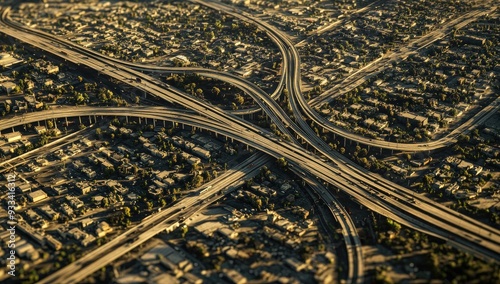 Aerial view of highway interchange.