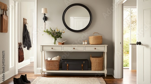 Stylish entryway with a console table, decorative mirror, and neatly organized storage solutions