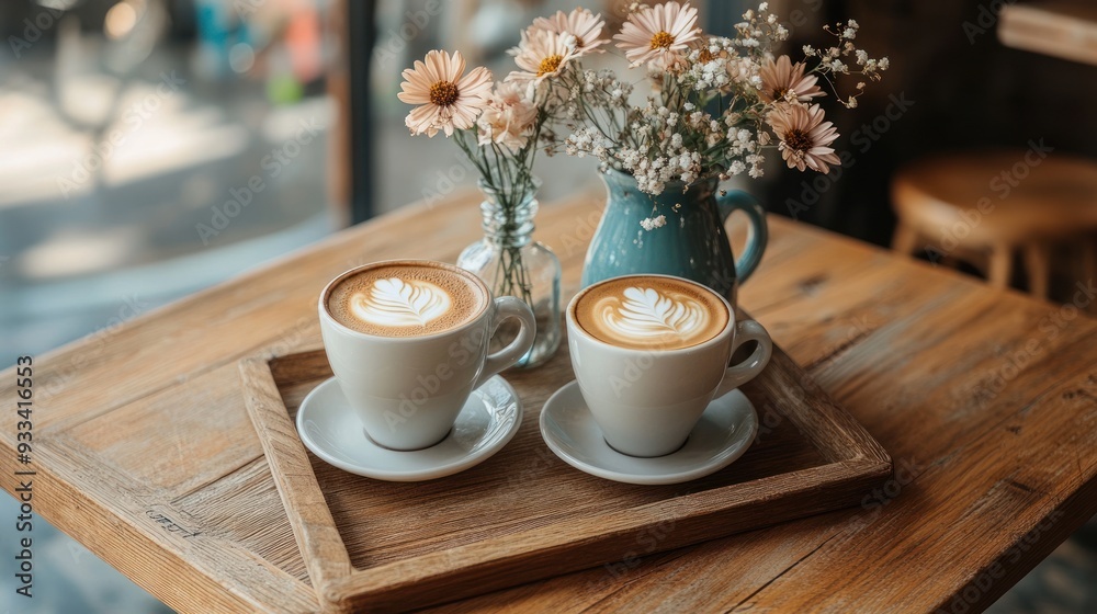 Two cups of coffee on a wooden tray, served with a small vase of flowers in a cafe setting