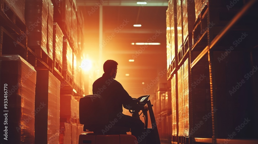 Warehouse worker operating a forklift under overhead lighting, with shelves of inventory in the background Warehouse worker operating a forklift under overhead lighting, with shelves of inventory in the background