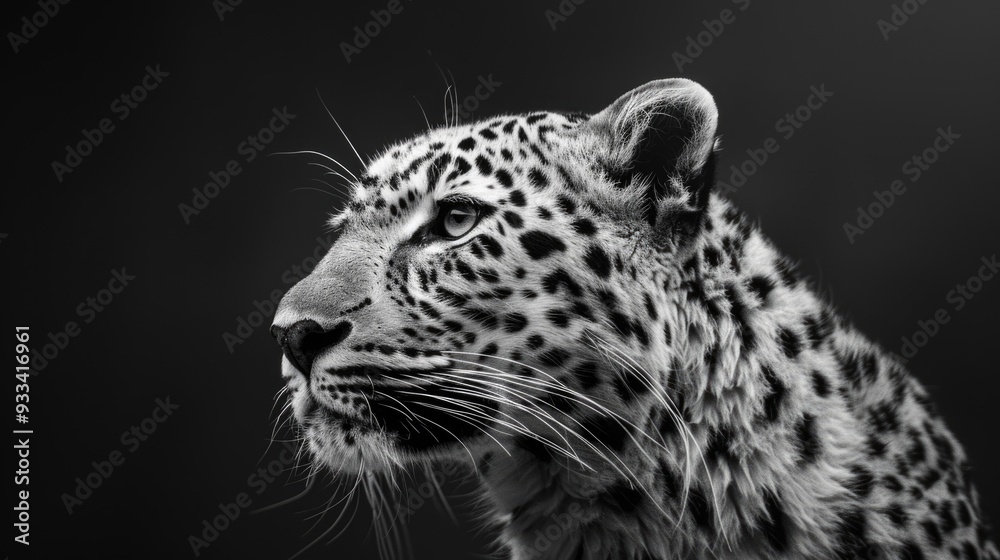 A close-up portrait of a leopard's face in black and white A close-up portrait of a leopard's face in black and white