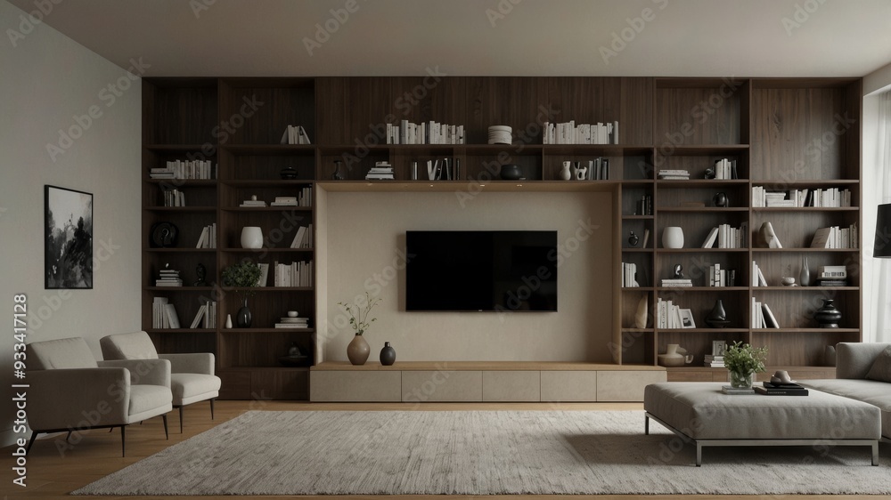 Fototapeta premium minimalist modern living room with built-in bookshelves