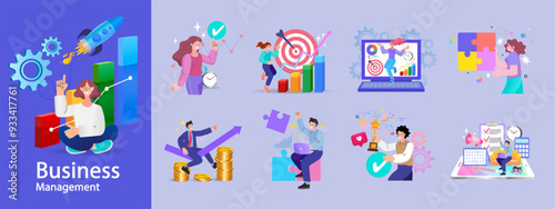 Financing business activities. Set of people in various activities of online business.