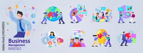 Financing business activities. Set of people in various activities of online business, startup, management, project development, communication, social media, data analysis. Business concept. vector