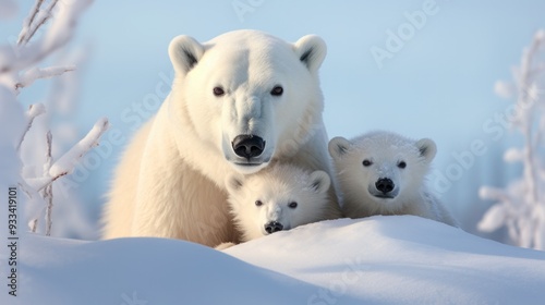 A mother polar bear protectively guarding her cubs, their white forms blending seamlessly with the snow-covered landscape