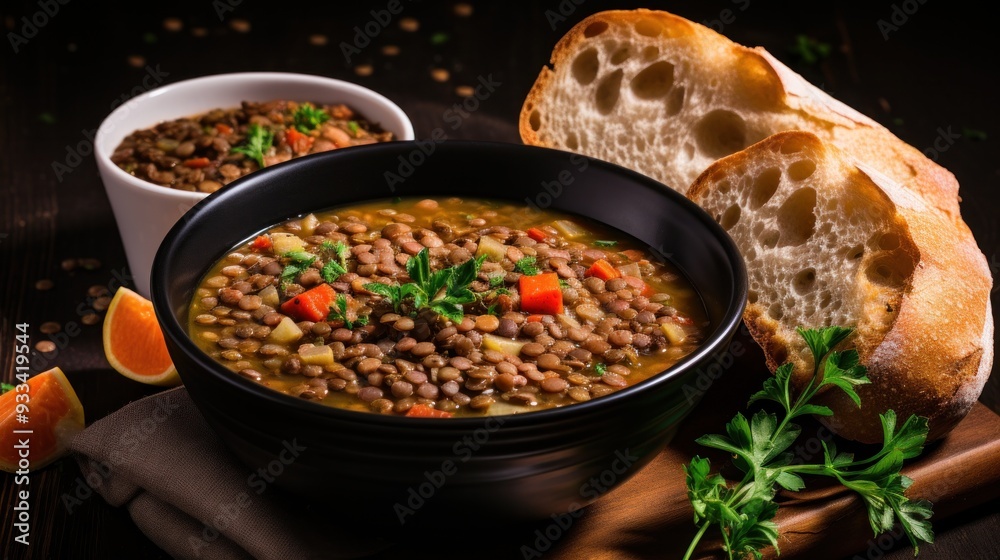 A photorealistic image of a lentil soup, its hearty broth filled with lentils, vegetables, and herbs, served in a bowl with a side of crusty bread