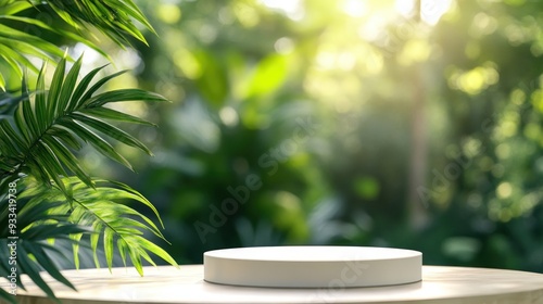 White Round Platform Against A Blurred Green Background