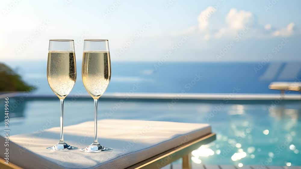 Two glasses of champagne on a table near a sun lounger and a pool with blue water, View from the hotel on background Two glasses of champagne on a table near a sun lounger and a pool with blue water, View from the hotel on background