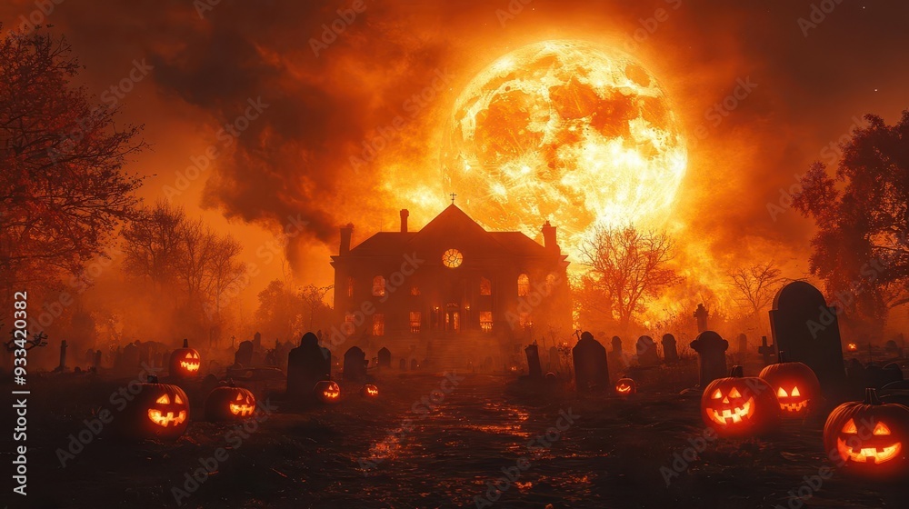 haunted victorian mansion silhouette against eerie orange sky jackolanterns in foreground misty graveyard full moon haunted victorian mansion silhouette against eerie orange sky jackolanterns in foreground misty graveyard full moon