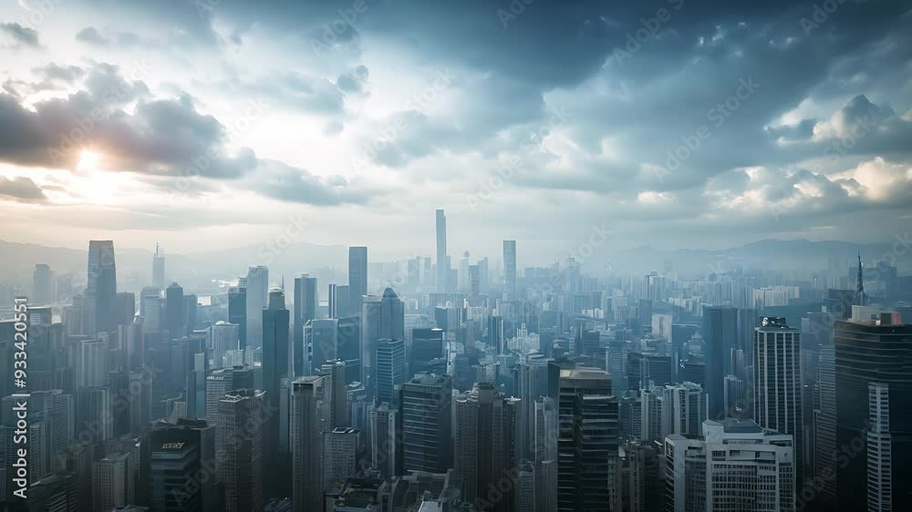 Viewed from a distance, Modern city buildings are arranged from left to right, The cloudy sky on background Viewed from a distance, Modern city buildings are arranged from left to right, The cloudy sky on background