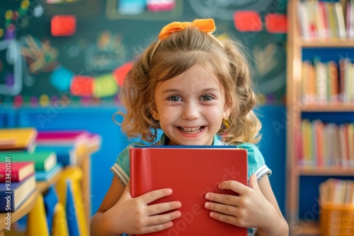 Beautiful curly-haired girl confidently holding her favorite book. Curly-haired girl smiling confidence holding colorful book. Growth and learning colorful cheerful environment. photo