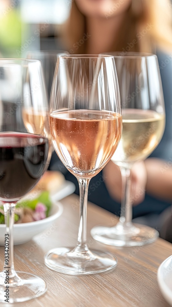 Four beautifully arranged wine glasses showcasing different varieties sit on a sleek table in a warm, inviting restaurant environment. Four beautifully arranged wine glasses showcasing different varieties sit on a sleek table in a warm, inviting restaurant environment.