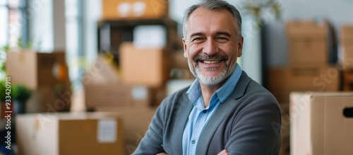 Smiling senior businessman, e-commerce store, home office, transport company style, with moving boxes.