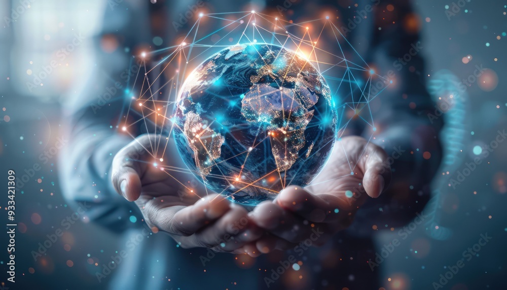 Businessman holding digital earth, global network, blurred backdrop, futuristic tech, photorealistic details, cinematic light. Businessman holding digital earth, global network, blurred backdrop, futuristic tech, photorealistic details, cinematic light.