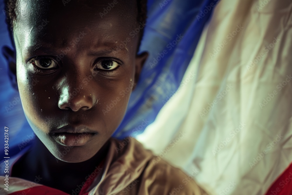 Somali child clutching france flag eyes filled sorrow symbolizing ...