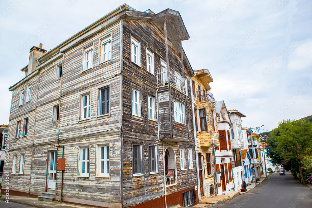 historical rural wood siding houses standing on the road, prince islands, adalar, istanbul historical rural wood siding houses standing on the road, prince islands, adalar, istanbul