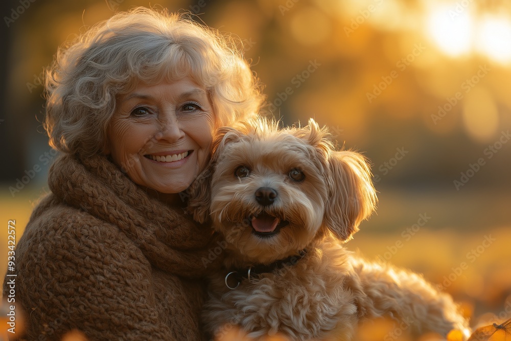 Elderly woman smiling and holding a small dog during golden hour in an autumn park Elderly woman smiling and holding a small dog during golden hour in an autumn park