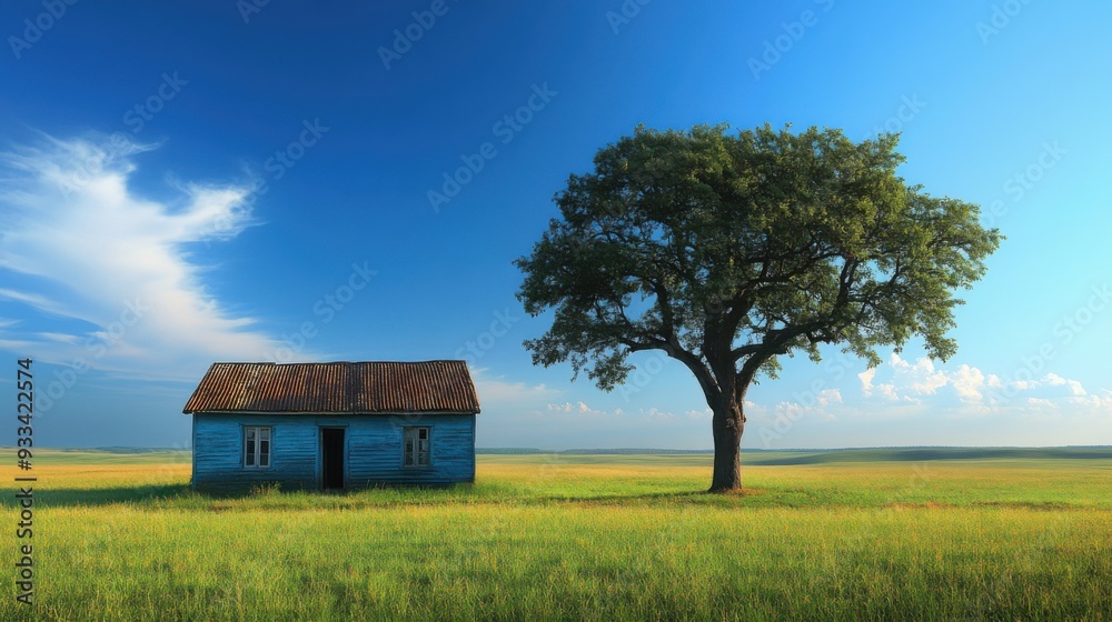 A serene landscape featuring a blue house and a large tree. A serene landscape featuring a blue house and a large tree.
