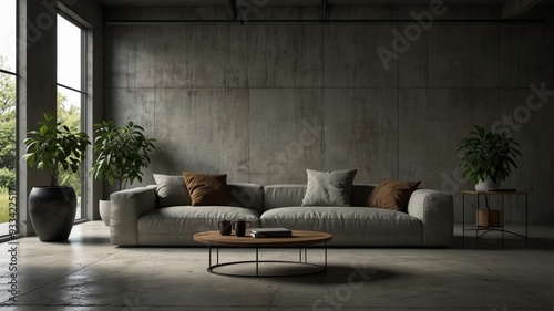 minimalist modern living room with concrete walls and floors