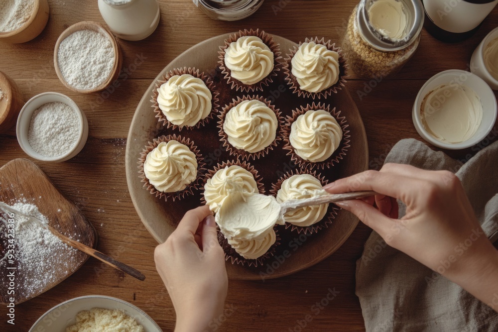 Delicious cupcakes being decorated with creamy frosting. Baking at home can bring joy and delight. Embrace the art of cupcake creation. Generative AI Delicious cupcakes being decorated with creamy frosting. Baking at home can bring joy and delight. Embrace the art of cupcake creation. Generative AI