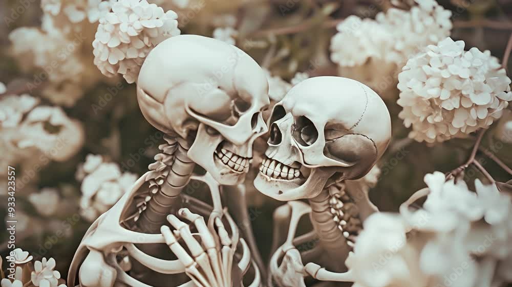 Two skeleton man and woman holding hands and kissing the skull from behind surrounded by white flowers in a garden. Two skeleton couple hugging together	