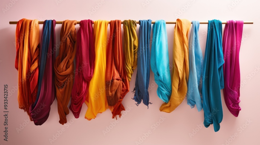 A rack of colorful scarves hanging neatly A rack of colorful scarves hanging neatly
