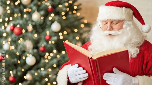 Santa Claus sits comfortably in an armchair, enjoying a book while surrounded by a decorated Christmas tree and wrapped gifts