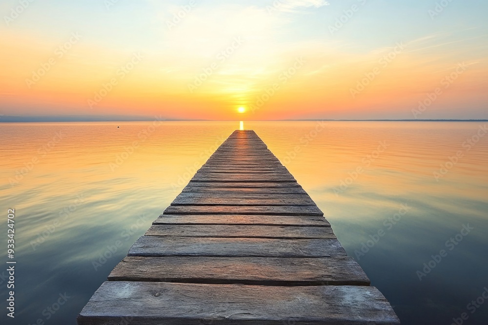 Obraz premium A peaceful wooden pier extending into a calm lake at sunrise. The warm glow of the sun reflects on the water. Perfect for relaxation and nature vibes. Generative AI