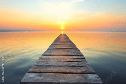 A peaceful wooden pier extending into a calm lake at sunrise. The warm glow of the sun reflects on the water. Perfect for relaxation and nature vibes. Generative AI