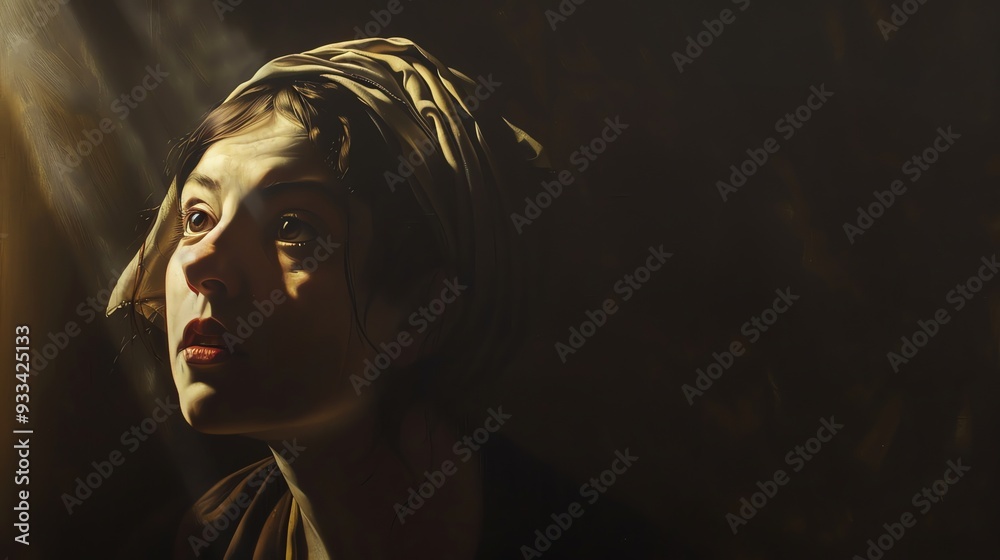 A woman with dark hair looks up in a portrait with soft lighting. A woman with dark hair looks up in a portrait with soft lighting.