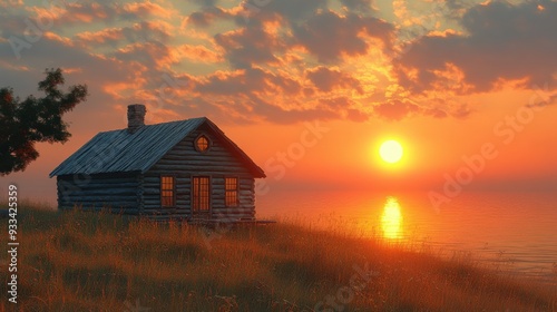 A serene sunset over a lake with a rustic wooden cabin.