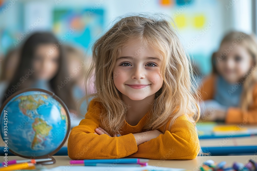 Smiling young girl in a classroom with a globe on the desk, surrounded by classmates Smiling young girl in a classroom with a globe on the desk, surrounded by classmates