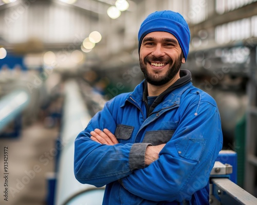 Smiling worker in blue workwear, arms crossed, standing against production line, photorealism, HD detail.