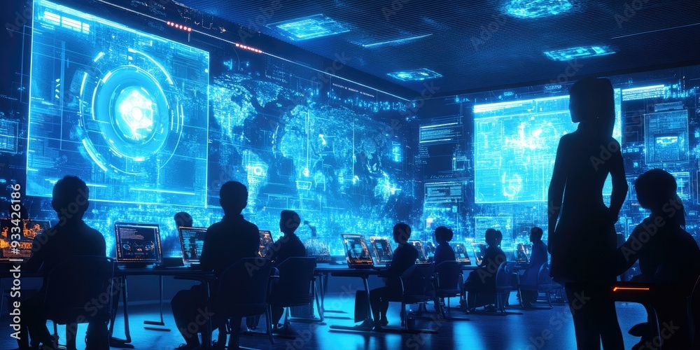 Silhouettes in a room with glowing blue screens. Silhouettes in a room with glowing blue screens.