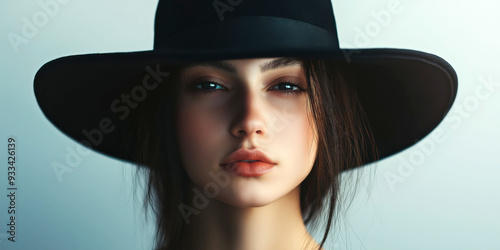 Close-Up Portrait of a Young Woman Wearing a Black Wide-Brimmed Hat, Minimalist Background, Stylish Fashion Photography