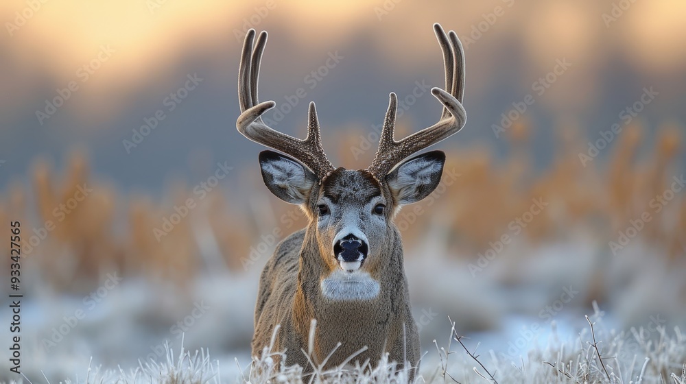 Majestic mule deer buck standing in a frosty winter meadow Majestic mule deer buck standing in a frosty winter meadow