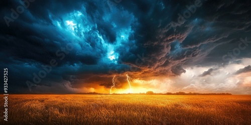 Golden field with stormy sky and lightning.