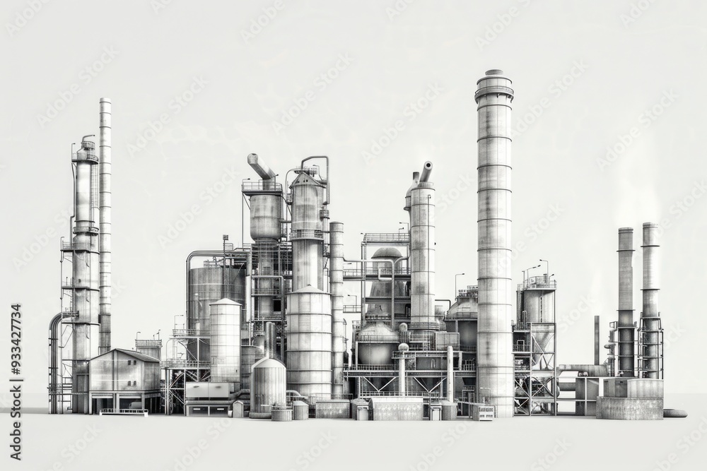 Obraz premium A black and white photo of an industrial factory with machinery and equipment