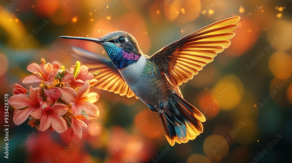 Fototapeta premium hyperrealistic closeup of iridescent hummingbird midflight vibrant feathers motion blur on wings tropical flower background